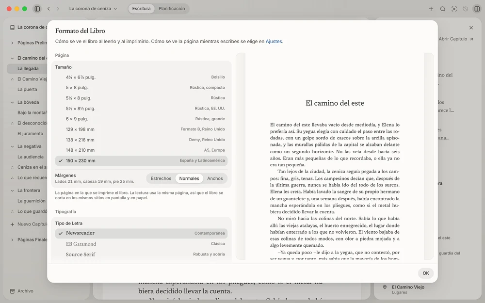 Formato del Libro, con sus ajustes junto a las páginas del libro, compuestas tal como se leerán y se imprimirán.