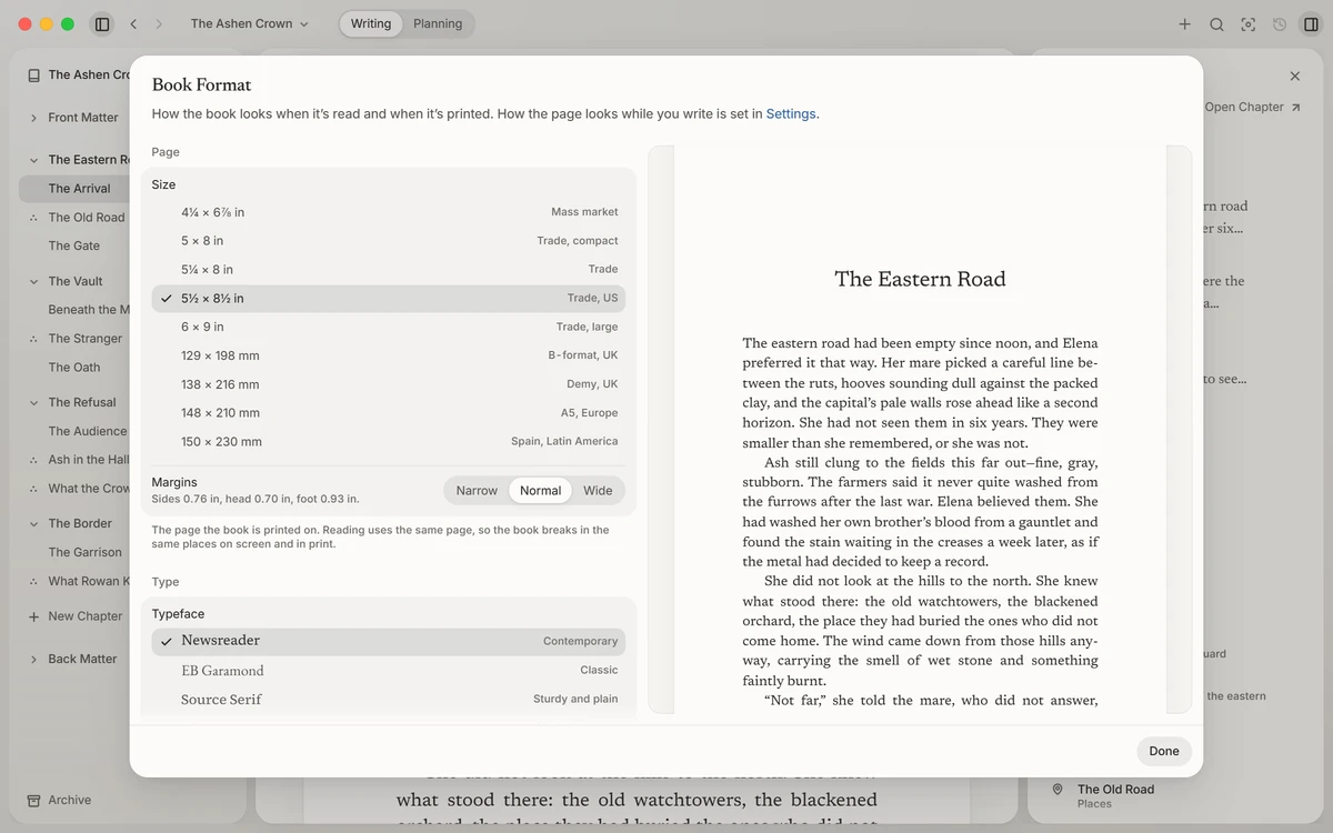 Book Format: the page size, margins, and typeface beside the book’s first chapter, set on its page