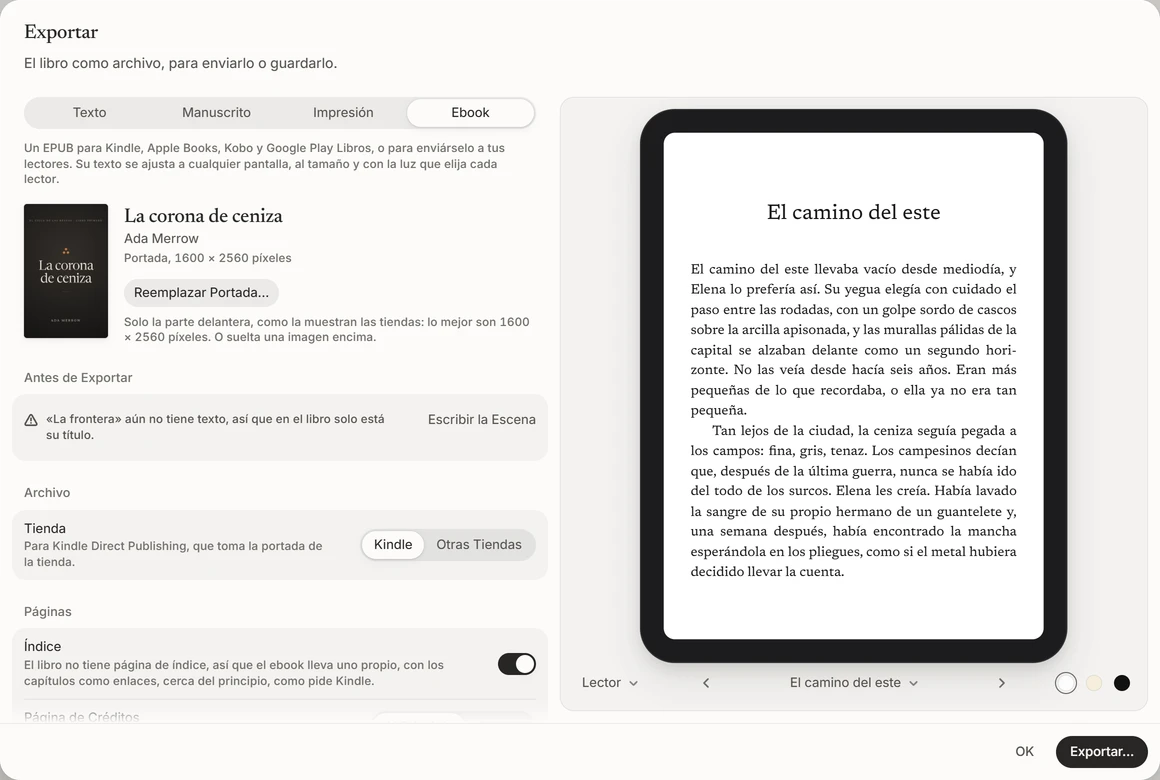 Exportar con el ebook elegido: su portada y sus ajustes junto al primer capítulo, tal como lo muestra un lector electrónico