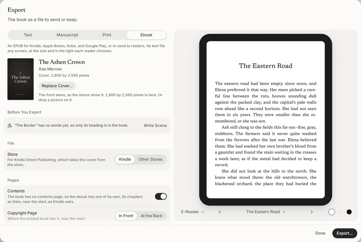 Export with the ebook chosen: its cover and settings beside the first chapter, as an e-reader shows it
