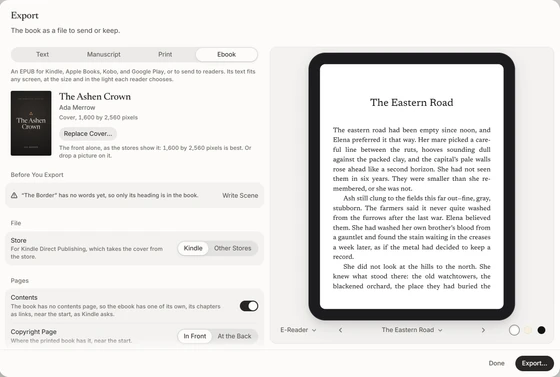 Export with the ebook chosen, its settings beside the book's cover and the ebook as a reader will show it.
