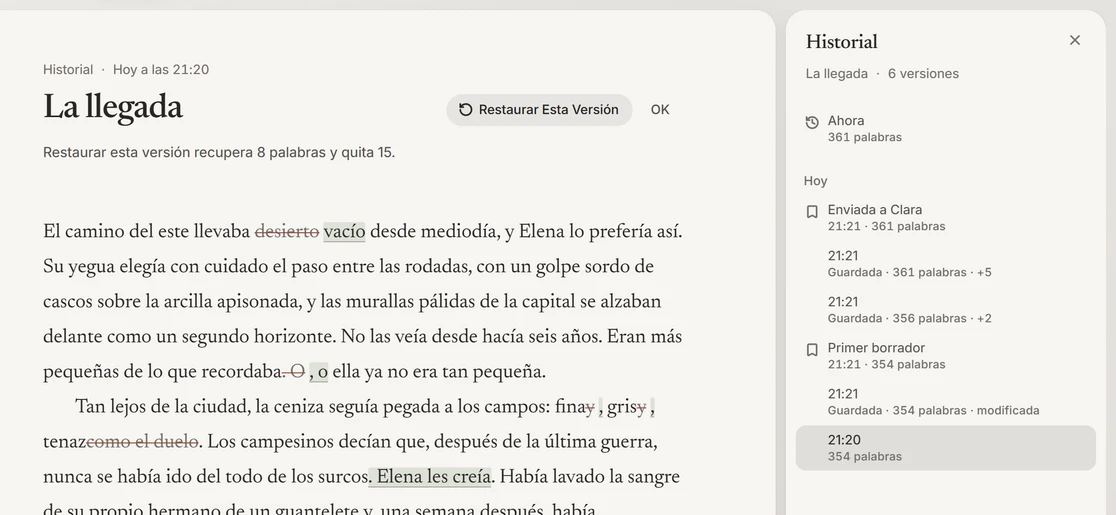 El historial de una escena a su lado: una versión anterior, con las palabras que recuperaría y las que quitaría