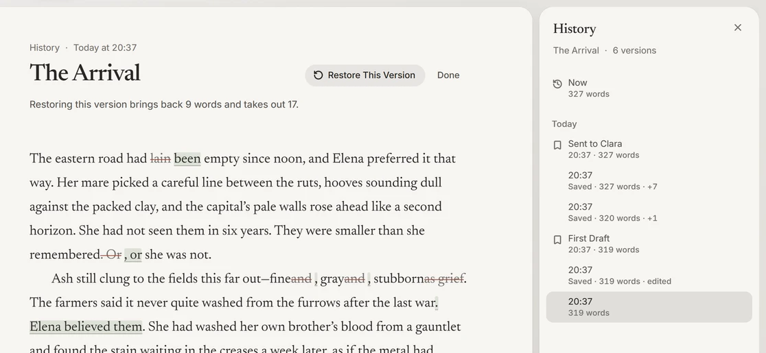 A scene’s history beside it: an earlier version, with the words restoring it would bring back and take out