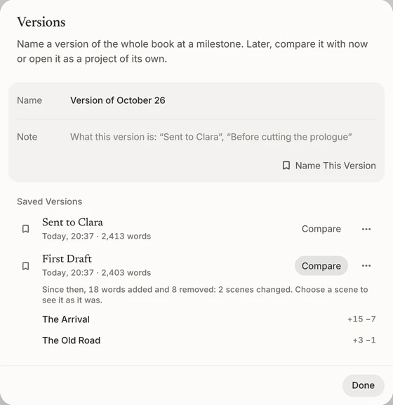 The book’s named versions, First Draft compared with now, scene by scene