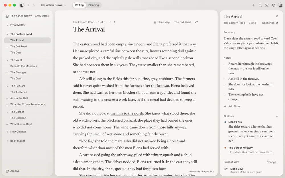 Asterysm writing a scene, the book's chapters and scenes in the sidebar and the scene's plan in Context beside the page.
