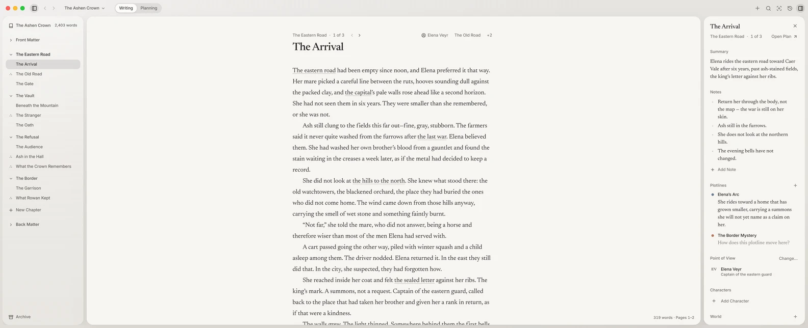 Asterysm on an ultrawide screen: the sidebar, the page at its own measure, and the scene’s plan beside it